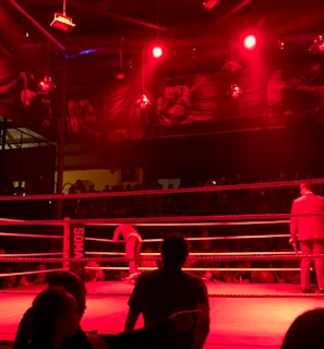 A wrestling ring is illuminated with red lighting, creating a dramatic atmosphere. Several people are visible around the ring, with silhouetted spectators in the foreground. Banners or art adorn the upper walls, and the venue has an industrial ceiling with exposed beams.